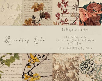 May include: A digital download of 22 printable designs featuring vintage botanical illustrations of leaves, flowers, and script. The designs are perfect for creating cards, invitations, scrapbook pages, and other paper crafts.