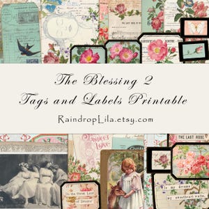 Può includere: Una collezione di etichette stampabili con illustrazioni floreali in stile vintage, testo in corsivo e immagini storiche. Il design include rose, farfalle e figure, con il testo The Blessing 2 Tags and Labels Printable.