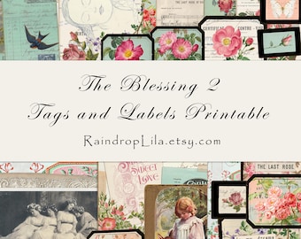 May include: A collection of printable tags and labels featuring vintage-style floral illustrations, script text, and historical imagery. The design includes roses, butterflies, and figures, with the text The Blessing 2 Tags and Labels Printable.