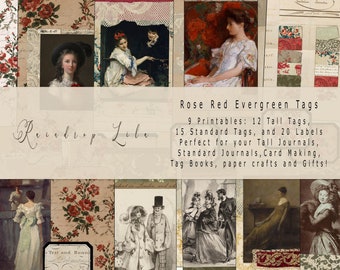 27 TAGS - RoseRed EverGreen Tag Printable - Vintage Journal Printable Collection - Raindrop Lila Digital Download - Collaged Tags and Labels