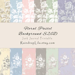 Puede incluir: Una colección de diseños de fondos florales pastel. Cada diseño presenta un color diferente, incluyendo amarillo, azul, rosa, gris, verde y morado, con un patrón floral blanco. Se muestra el texto "Floral Pastel Background S26D".