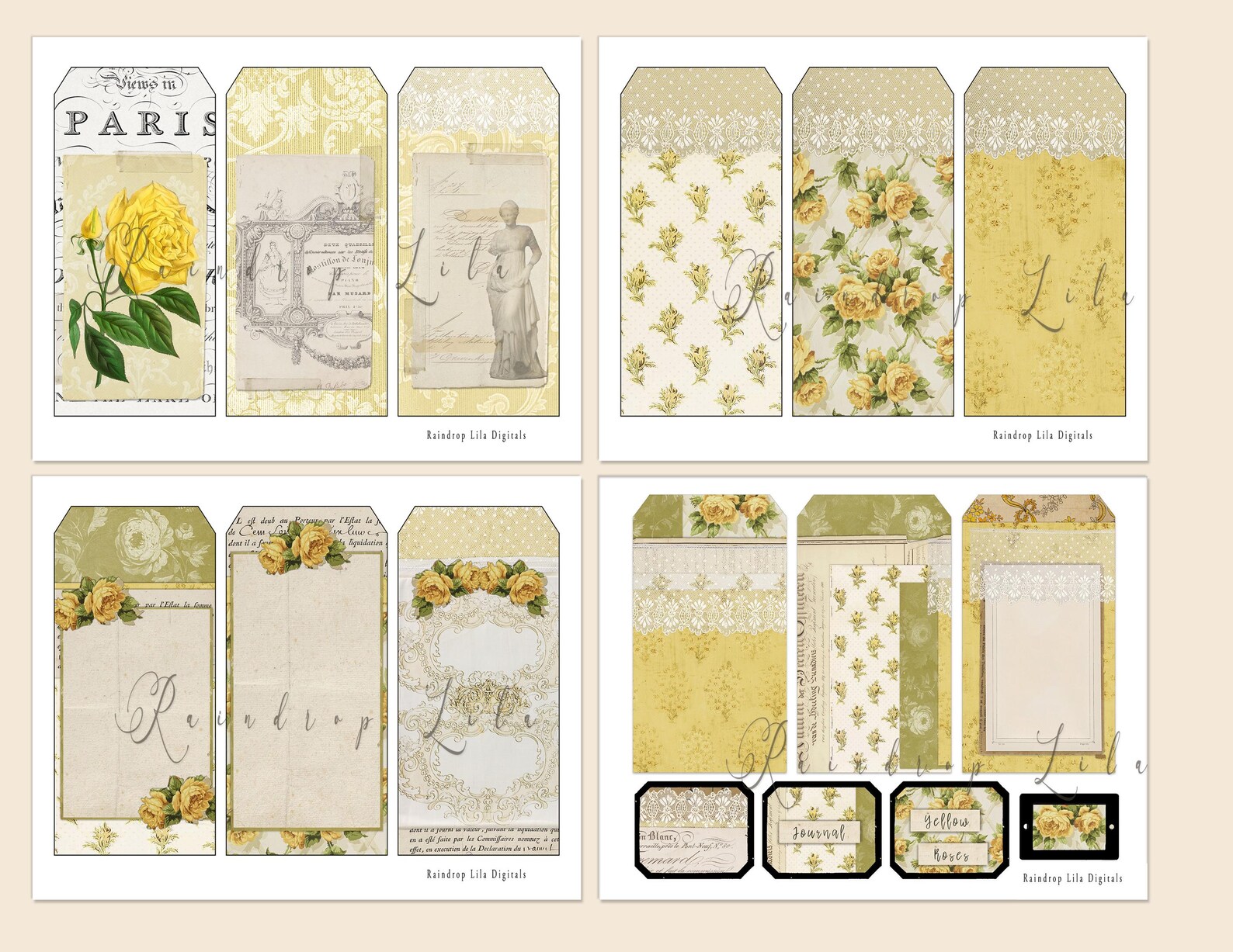 Yellow Roses Tags, Printable, Standard Junk Journal Kit, INSTANT ...