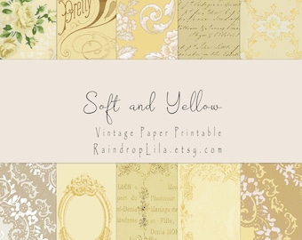 Papeles vintage suaves y amarillos, fondo imprimible, kit estándar para diario basura, DESCARGA INMEDIATA, diseño digital Raindrop Lila, para álbumes de recortes.