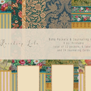Bolsillos bohemios y tarjetas de diario imprimibles: 9 piezas de cuadernos bohemios con imágenes imprimibles: color lila con gotas de lluvia