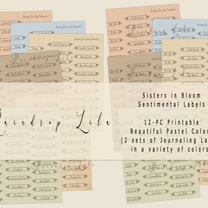 Junk Journal Sentimental Labels- Sisters in Bloom Hübsche Etiketten-Instant Download, Collage Art digital, Raindrop Lila