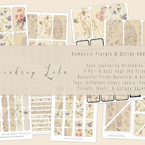 Könnte beinhalten: Ein digitaler Druckbogen mit 9 floralen und schriftlichen Journal-Tags, Etiketten, Taschen, Tickets, Washi und Collage-Quadraten. Der Druckbogen ist mit "Romantic Florals & Script Add On 1" und "Raindrop Lila Digitala" betitelt.