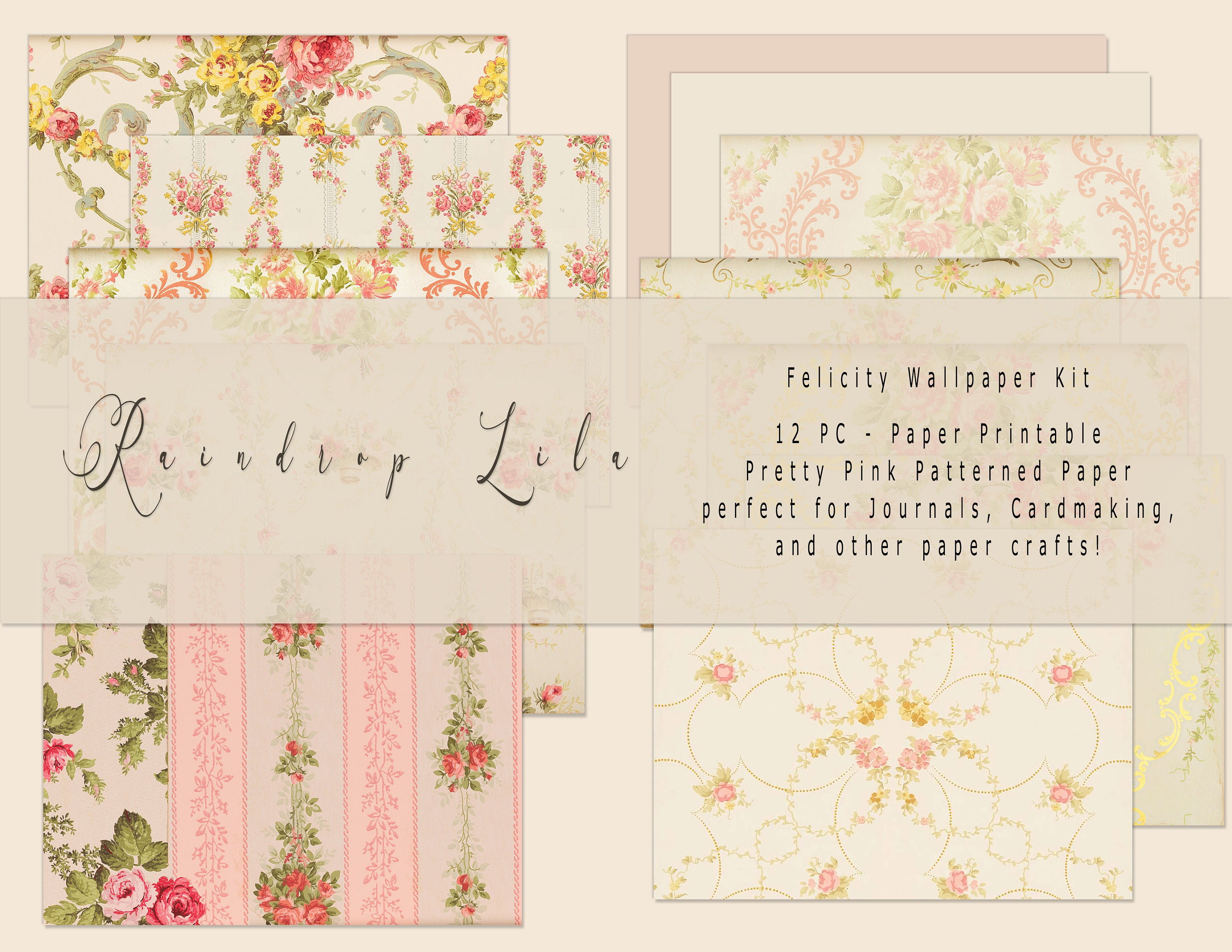 Felicity Wallpaper Collection INSTANT DOWNLOAD Raindrop Lila Digital Kit  for Junk Journaling 