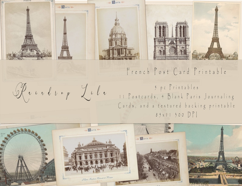 May include: A collection of vintage-style postcards featuring iconic Parisian landmarks, including the Eiffel Tower, Notre Dame Cathedral, and the Opera Garnier. The postcards are labeled "Paris" and are part of a printable set.