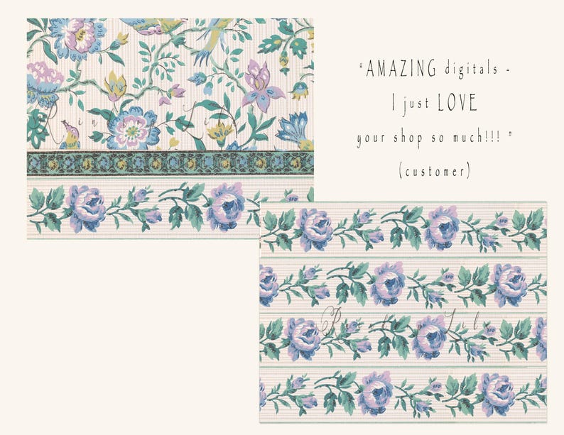 K&ouml;nnte beinhalten: Ein digitaler, druckbarer Blumenmuster mit wei&szlig;em Hintergrund und blauen, gr&uuml;nen und violetten Blumen. Das Muster ist perfekt f&uuml;r Bastelprojekte, Scrapbooking und digitales Design.