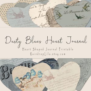 Dusty Blues, Diário em formato de coração para impressão, kit vintage - DOWNLOAD INSTANTÂNEO - Kit digital Raindrop Lila para Junk Journaling
