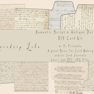May include: A printable DIY card kit with a romantic script and antique document theme. The kit includes 8 printable JPG files, each measuring 8.5 inches by 11 inches at 300 DPI. The kit is perfect for card making and junk journaling.