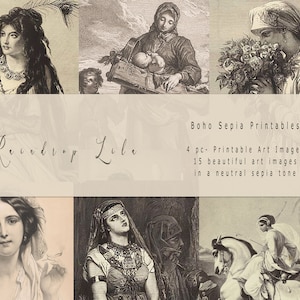 Boho Boho Sepia Art Ephemera- 4 PC Ilustraciones de Boho Junk Journal - Raindrop Lila Art Imprimible
