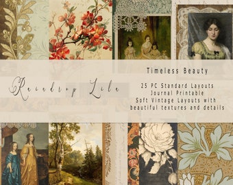 Timeless Beauty Standard Junk Journal Layouts- Instant Download printable, Vintage Journaling Papers, Raindrop Lila