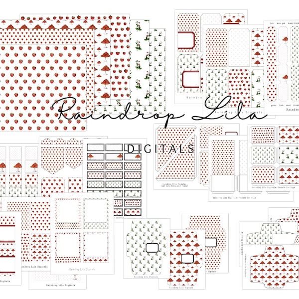 Red and White -Strawberry Themed Digital -HUGE 31 PCS KIT- Junk Journal printable