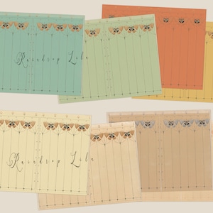 May include: Six printable sheets of paper with a decorative border of butterflies and a grid pattern. The sheets are in various colors, including green, yellow, orange, and brown. The text "Raindrop Lilac" is written on two of the sheets.