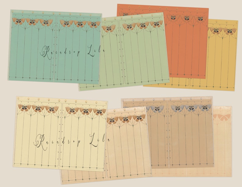 May include: Six printable sheets of paper with a decorative border of butterflies and a grid pattern. The sheets are in various colors, including green, yellow, orange, and brown. The text "Raindrop Lilac" is written on two of the sheets.
