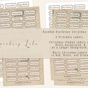 Etiquetas navideñas imprimibles - Colección RoseRed EverGreen - Estilo vintage - Descarga digital Raindrop Lila - palabras, sentimientos, títulos