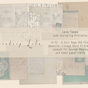 May include: A collage of 10 printable vintage style scrapbook paper pages in a light beige and blue color scheme. The text "Love Token" and "Junk Journaling Printables" is displayed in the center of the image. The text "Reindrop Libe" is displayed in a cursive font at the top of the image.