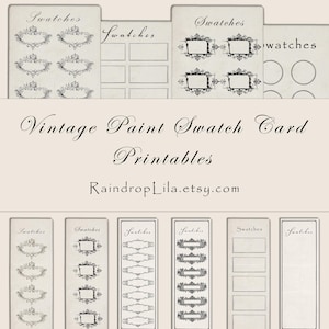 Könnte beinhalten: Vintage Farbmusterkarten-Druckvorlagen mit verzierten Rahmen und floralen Designs. Die Karten zeigen das Wort "Swatches" oben. Der Text "Vintage Paint Swatch Card Printables" und der Etsy-Shop-Name sind ebenfalls sichtbar.