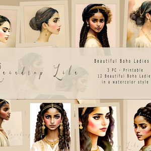 Hermosas Boho Ladies II Imprimible, Ephemera, Boho, Romany, Junk Journal, Raindrop Lila Art Imprimible, Gypsy Princess Digital Graphic