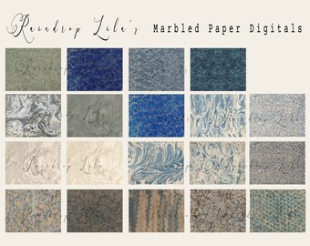 May include: A digital download of 16 marbled paper designs in various shades of blue, grey, and white. The designs are perfect for scrapbooking, card making, and other paper crafts.