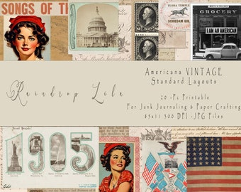 Peut inclure: Un collage numérique d'images vintage sur le thème de l'Amérique. Le collage comprend des images d'une femme, d'un bâtiment, d'une voiture et d'un drapeau. Le texte "Americana VINTAGE Standard Layouts" est en haut du collage. Le texte "20-Pc Printable For Junk Journaling & Paper Crafting 8.5x11 300 DPI - JPG Files" est en bas du collage.
