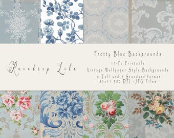 May include: A digital download of 17 printable vintage wallpaper style backgrounds in blue and white. The backgrounds are in 8 tall and 9 standard formats, 8.5x11 inches, 300 DPI, JPG files.
