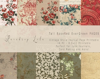 Tall RoseRed EverGreen BACKGROUND PAGES - Vintage Journal Printable Collection - Raindrop Lila Digital Download - Antique Papers