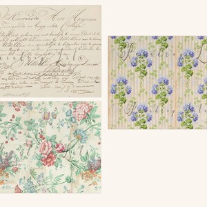 K&ouml;nnte beinhalten: Ein Vintage-Stoff mit floralem Muster mit rosa, blauen und gr&uuml;nen Blumen auf wei&szlig;em Hintergrund. Der Stoff ist ein sich wiederholendes Muster und eignet sich perfekt zum Basteln oder Quilten.