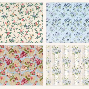 K&ouml;nnte beinhalten: Vier verschiedene Blumenmuster auf Stoff. Das erste Muster ist ein hellrosa und wei&szlig;es Blumenmuster auf cremefarbenem Hintergrund. Das zweite Muster ist ein hellblaues Blumenmuster auf hellblauem Hintergrund. Das dritte Muster ist ein rosa und wei&szlig;es Blumenmuster auf hellblauem Hintergrund. Das vierte Muster ist ein hellblaues Blumenmuster auf cremefarbenem Hintergrund mit vertikalen Streifen.