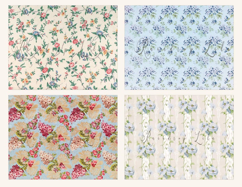 K&ouml;nnte beinhalten: Vier verschiedene Blumenmuster auf Stoff. Das erste Muster ist ein hellrosa und wei&szlig;es Blumenmuster auf cremefarbenem Hintergrund. Das zweite Muster ist ein hellblaues Blumenmuster auf hellblauem Hintergrund. Das dritte Muster ist ein rosa und wei&szlig;es Blumenmuster auf hellblauem Hintergrund. Das vierte Muster ist ein hellblaues Blumenmuster auf cremefarbenem Hintergrund mit vertikalen Streifen.