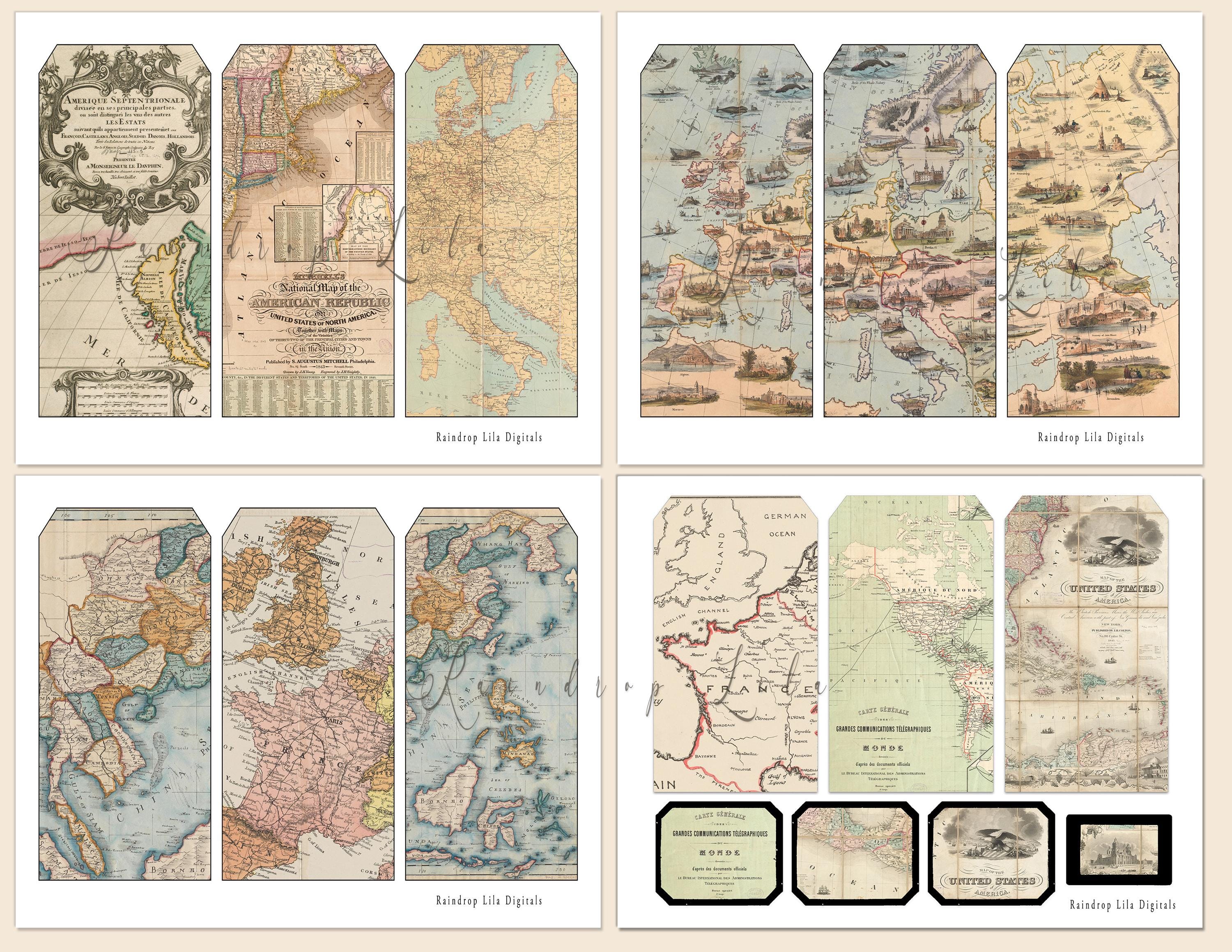 Vintage Map Printable Tags, Junk Journal Tag Kit, RAINDROP LILA DIGITAL ...