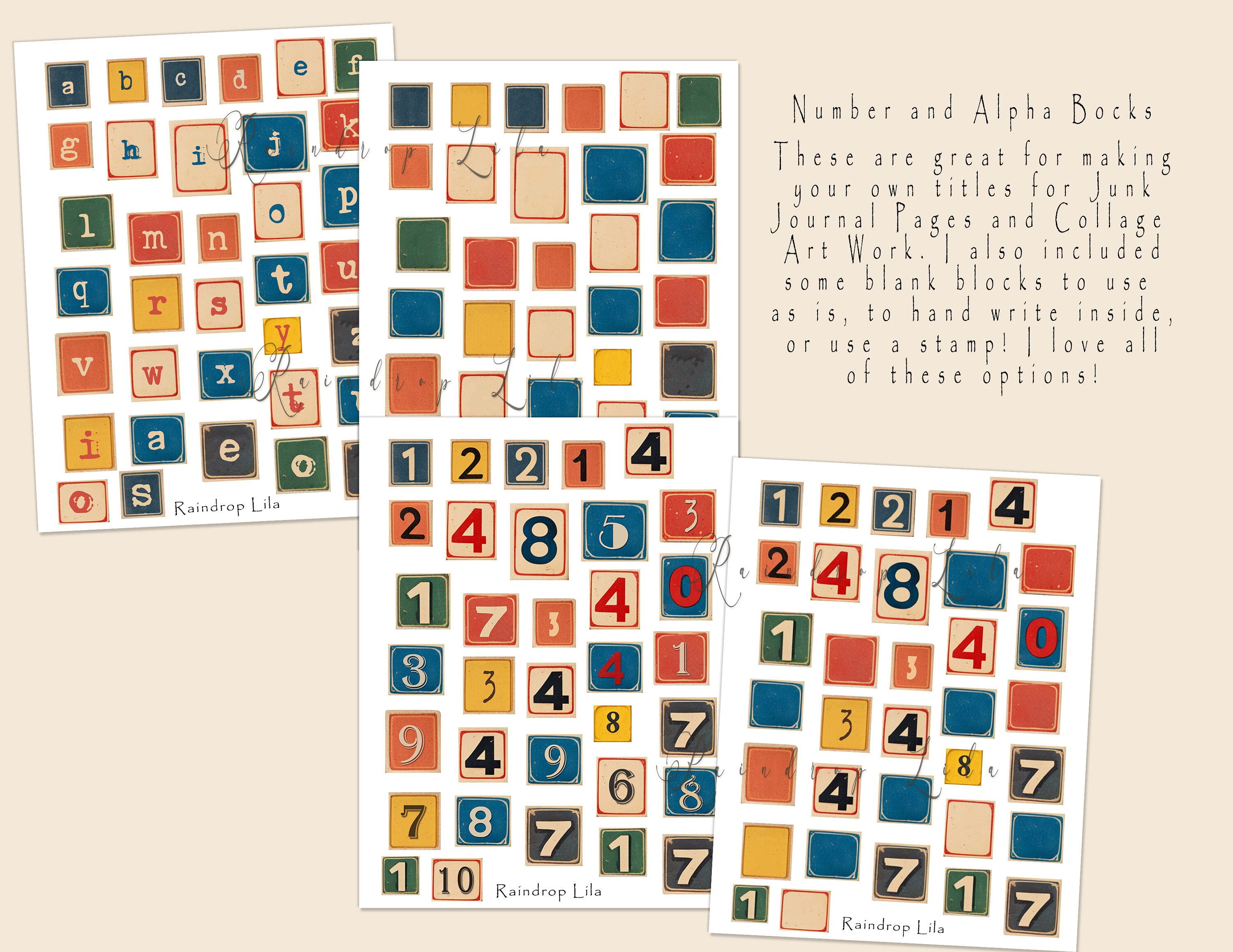 Numbers Alpha Grid Retro Alpha Blocks and Numbers Printable - Alphabet - Collage Art- Junk ...