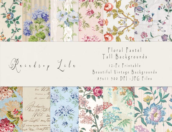 Floral Pastel S26, Tall Background Pages, Junk Journal PRINTANBLE,  Vintage Wallpaper, Raindrop Lila AU24