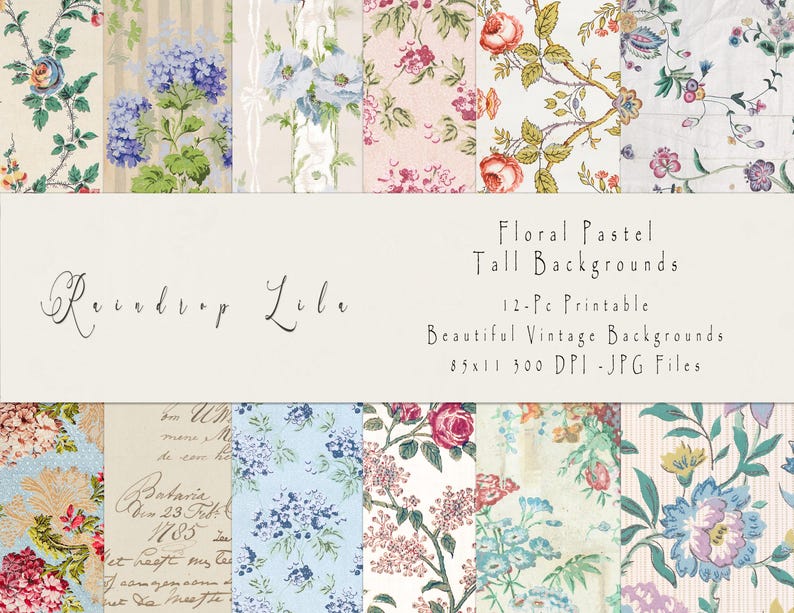 May include: A set of 12 printable floral backgrounds in pastel colors. The backgrounds feature vintage floral patterns and are 8.5 inches by 11 inches, 300 DPI, and in JPG format.