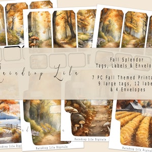 Fall Splendor Printable Kit - Fall ART Digital, Raindrop Lila Junk Journal Tags and envelopes