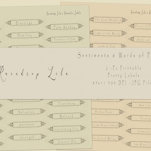May include: Printable labels with a vintage design featuring words of faith and sentiments. The labels are beige with black text and decorative borders. The text includes "Blessings", "Palm Sunday", "Humility", "Promises of God", "The Good Shepherd", "Light of the World", "Prince of Peace", "Alpha and Omega", "Peace", "Salvation", "Testimony", "Beloved", "Patience", "Everlasting Life", "Strength", "Eternal One", "He Has Risen", "New Life", "Victory", "Communion", "The Risen Lord", "His Love & Mercy", "Trust", "Joy", "Praise", "He Has Risen Indeed".