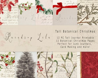 Tall Botanical Christmas Junk Journal Printable with French Script Background -INSTANT DOWNLOAD- Raindrop Lila digital art, RoseRed