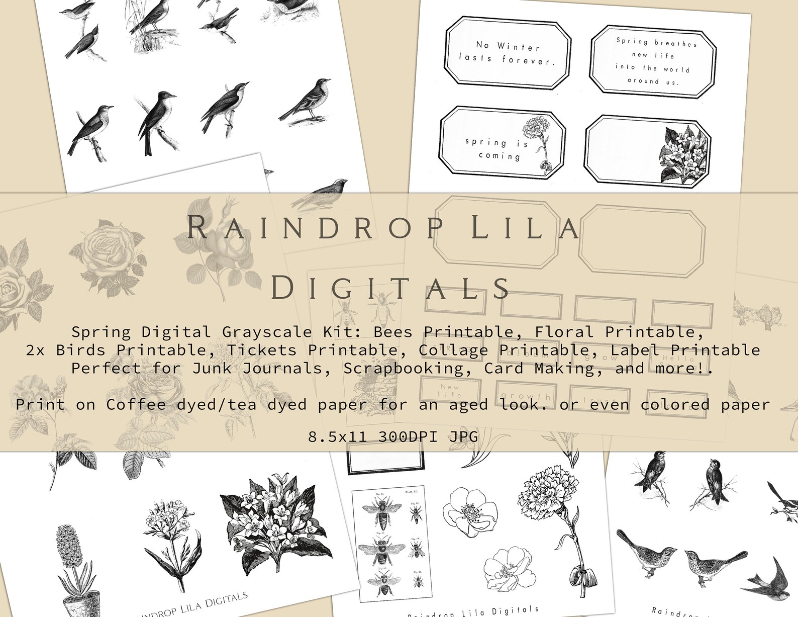 Spring Grayscale Digital Kit Printables for Junk Journaling | Etsy