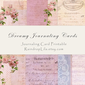 May include: Dreamy journaling cards printable with a vintage aesthetic. The design features a collage of pink and beige backgrounds with floral and script elements. The text "Dreamy Journaling Cards" is displayed.