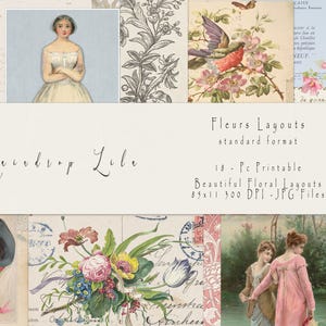 Fleurs, mises en page standard florales pastel, Junk Journal PRINTANBLE, Raindrop Lila AU24 Art