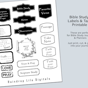 May include: Printable black and white Bible study labels and tags. The labels include phrases like "Scripture Study", "Favorite Verse", "Take Note", "Faith over Fear", "Trust & Pray", and "Love Pray".