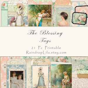以下が含まれることがあります： ヴィンテージスタイルのイラストと花柄が特徴の、21枚の印刷可能なタグのコレクション。タグには、アンティークな服を着た女性、花の模様、手書きの文字の画像が使用されています。「The Blessing Tags」と「RaindropLila.etsy.com」の文字も表示されています。