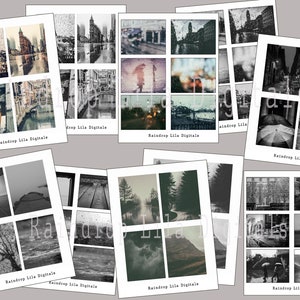 May include: A collage of nine black and white photographs featuring various rainy city scenes. The images include a street with an umbrella, a bridge over a river, a street with a lamppost, and a street with a building.