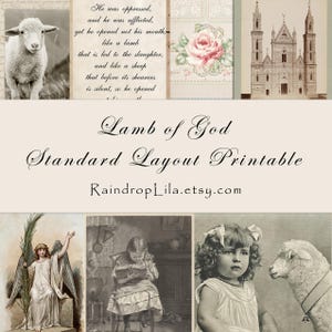 以下が含まれることがあります： 子羊、教会、子羊と少女など、ヴィンテージスタイルの画像コラージュ。テキストには「Lamb of God」と「Standard Layout Printable」とウェブサイトアドレスが含まれています。全体的なテーマは宗教的で牧歌的です。