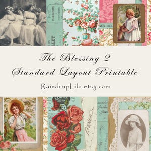以下が含まれることがあります： The Blessing 2 Standard Layout Printableというタイトルのデジタルコラージュシート。時代衣装を着た女性、花柄、赤いバラ、手書きのスクリプト、鹿に餌をやる子供のイラストが、ヴィンテージ風のデザインで配置されています。