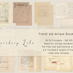 May include: A collection of 20 printable French and antique documents, each measuring 300 DPI. The documents feature handwritten text and decorative flourishes, with some pages blank. The text includes the words "Raindrop Lille" and "French and Antique Documents".