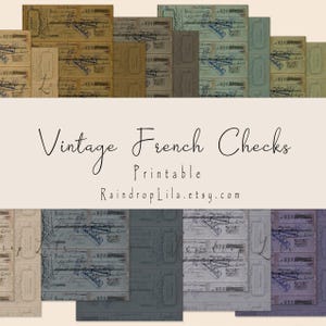 May include: Vintage French check printable digital paper pack.  The paper features a repeating pattern of French checks in various shades of blue, green, brown, and beige.