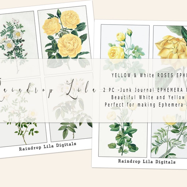 Yellow and White Roses Ephemera Printable - INSTANT DOWNLOAD - Raindrop Lila Digital for Junk Journaling