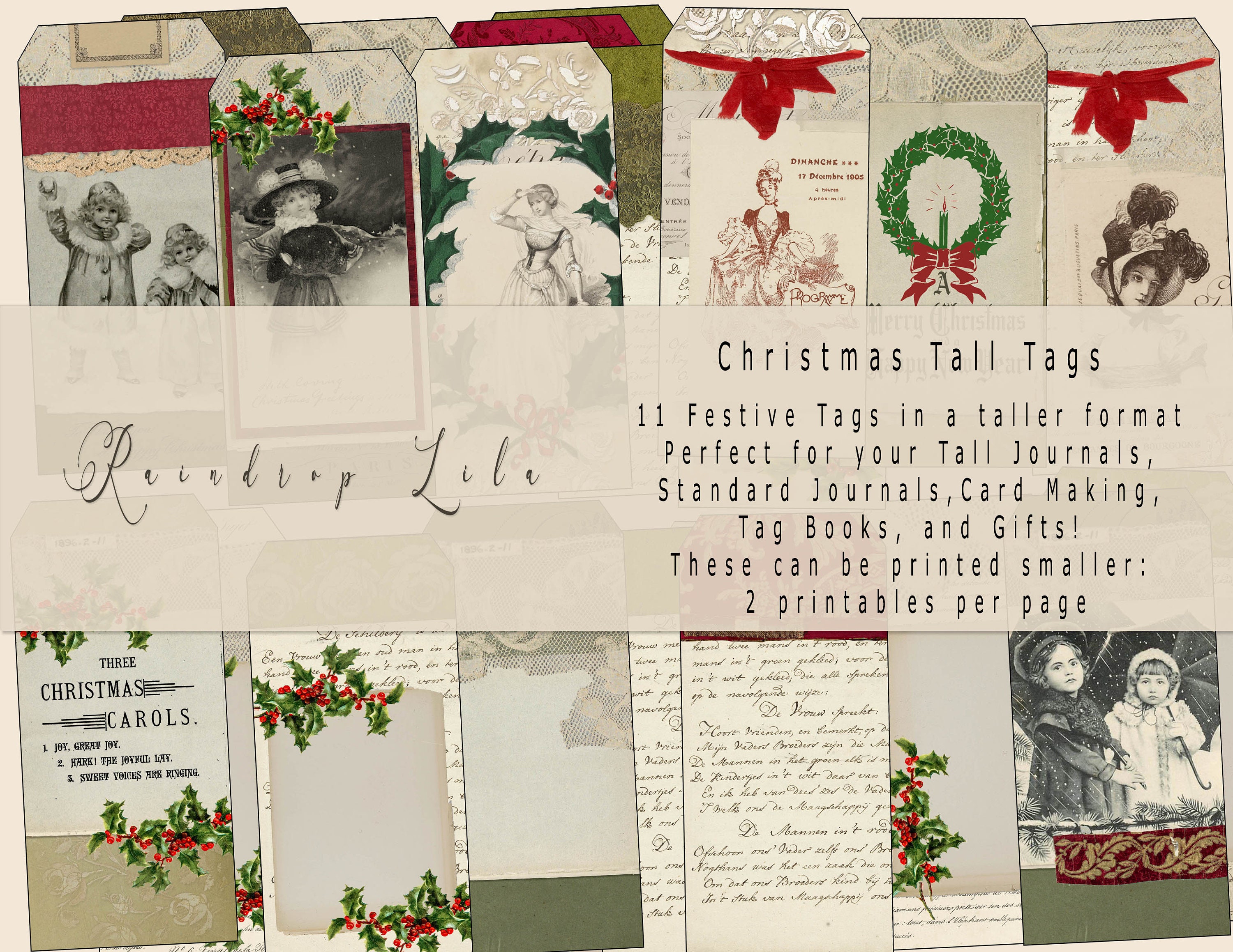 33 Tall TAGS - Christmas Printable - Vintage Journal Collection - Raindrop Lila Digital Download - Collaged Tags and Labels, RoseRed